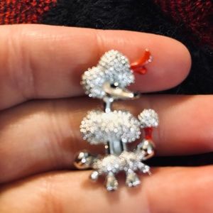 Vintage Small Silver Tone Poodle Metal Pin With Red Enamel Bows